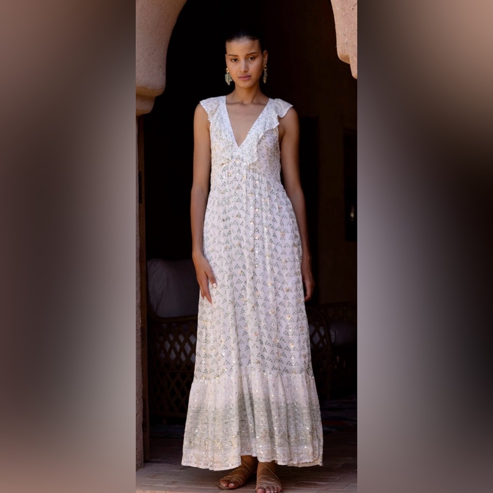 Oliphant Juniper Olive Ruffle V-Neck Maxi Dress Size M Green Floral Cotton Silk